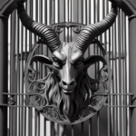 An iron gate with a large demonic goat head blocking it