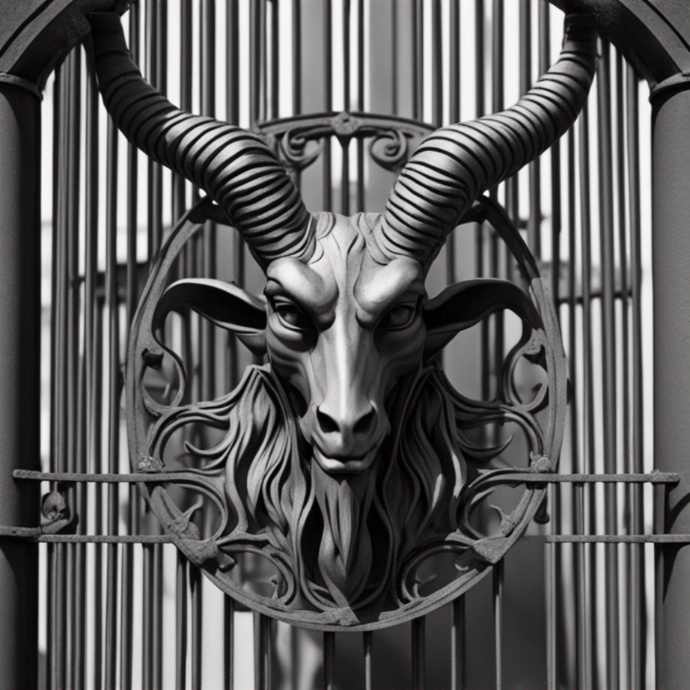 An iron gate with a large demonic goat head blocking it